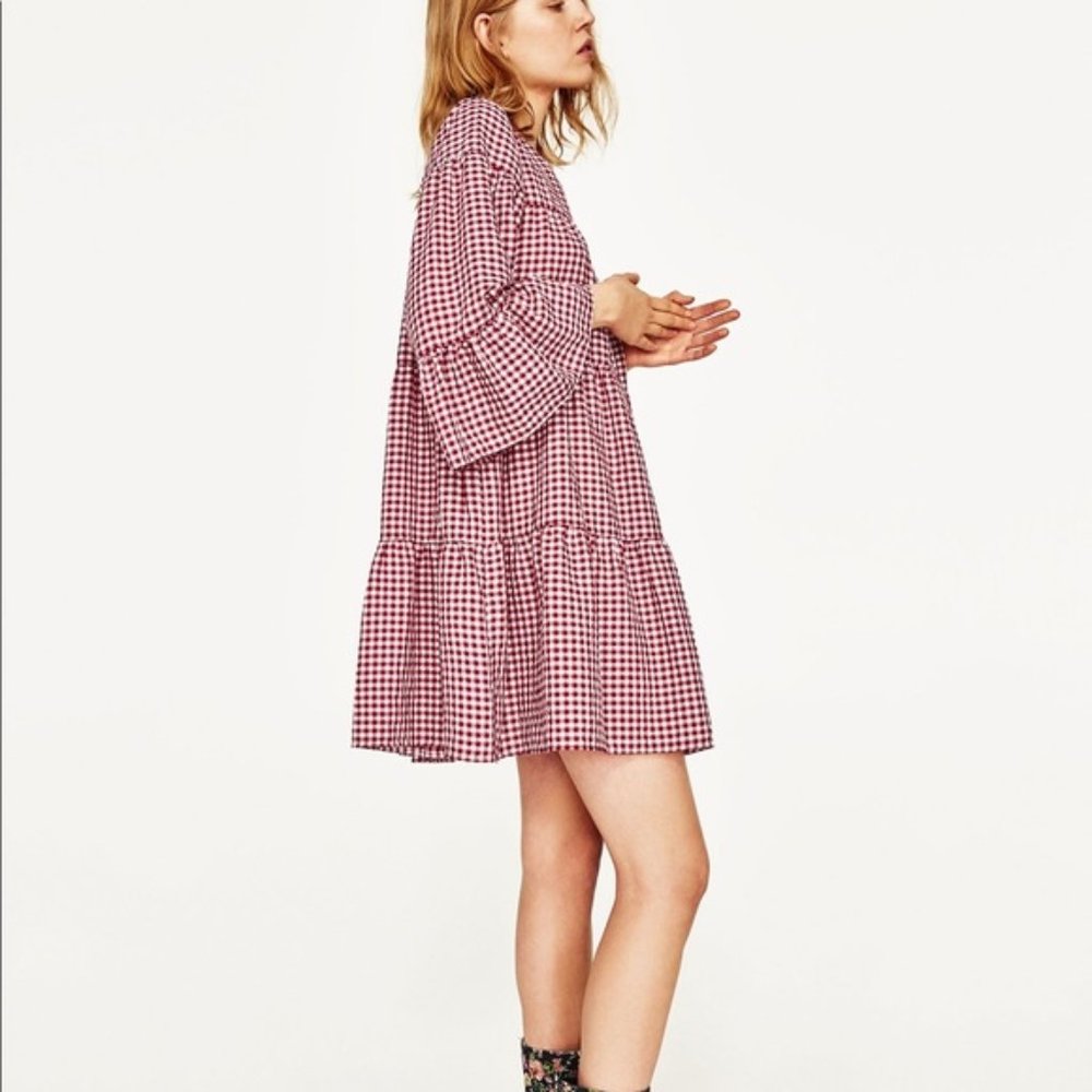 Zara Red White Gingham Tiered Smock Dress, Small - Picture 3 of 6